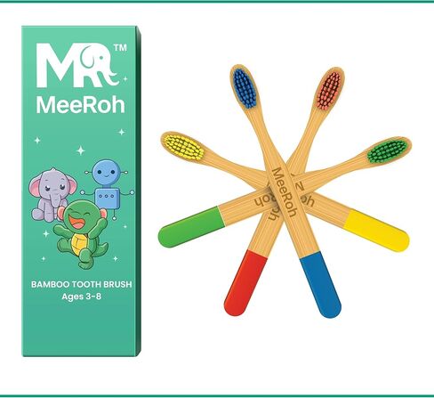 MeeRoh Kids Bamboo فرشاة أسنان 4 عبوات - شعيرات فائقة النعومة للأطفال الصغار والأطفال من سن 3 إلى 8 سنوات - فرشاة أسنان للأطفال بمقبض من الخيزران الصديق للبيئة - متعدد الألوان in Kuwait