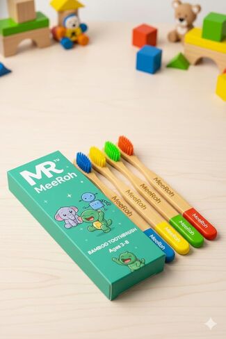 MeeRoh Kids Bamboo فرشاة أسنان 4 عبوات - شعيرات فائقة النعومة للأطفال الصغار والأطفال من سن 3 إلى 8 سنوات - فرشاة أسنان للأطفال بمقبض من الخيزران الصديق للبيئة - متعدد الألوان in Kuwait