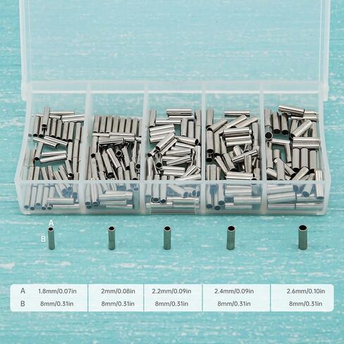250pcs Single Barrel Crimp Sleeves Kit, Copper Barrel Crimp Sleeves Copper Tube, Fishing Line Rigging, Wire Rope Tube Connector Kit for Rigging Accessories in Saudi Arabia