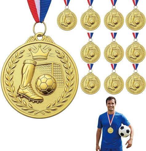 10 Pack Soccer Medals for Kids – Gold Award Medals with Ribbon, Soccer Ball and Crown Design, Perfect for Sports Games, School Competitions, and Soccer Party Rewards in Kuwait