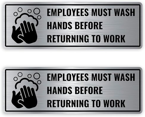 2PC Employees Must Wash Hands Sign, 9 x 3 Inches - Brushed Silver Aluminum - Employee Hand Washing Before Returning To Work Sign in Saudi Arabia