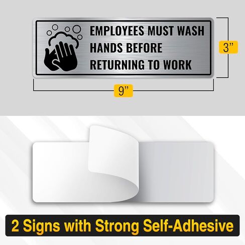 2PC Employees Must Wash Hands Sign, 9 x 3 Inches - Brushed Silver Aluminum - Employee Hand Washing Before Returning To Work Sign in Saudi Arabia