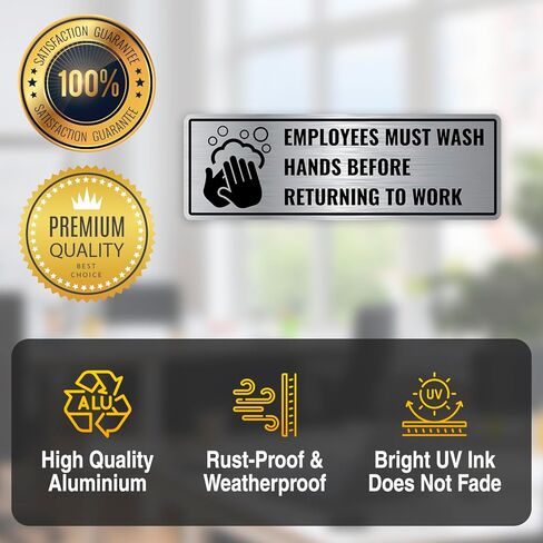 2PC Employees Must Wash Hands Sign, 9 x 3 Inches - Brushed Silver Aluminum - Employee Hand Washing Before Returning To Work Sign in Saudi Arabia