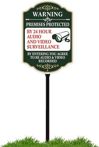 Premises Protected by 24 Hour Audio and Video Surveillance Sign with Stake, Aluminum Metal Surveillance Sign With 35" Total Length Durble Stake, Heavy Duty Weather Resistance in Kuwait