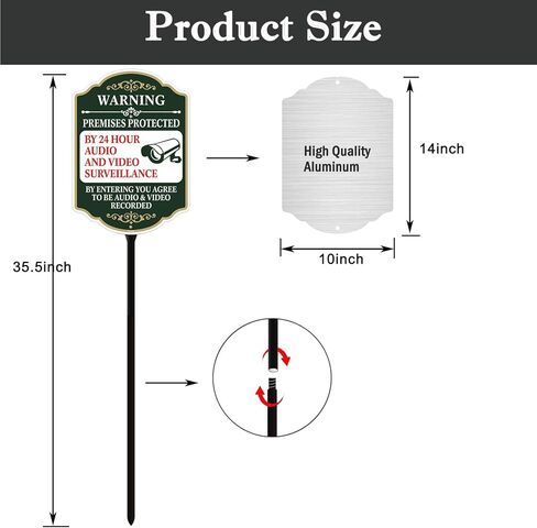 Premises Protected by 24 Hour Audio and Video Surveillance Sign with Stake, Aluminum Metal Surveillance Sign With 35" Total Length Durble Stake, Heavy Duty Weather Resistance in Kuwait