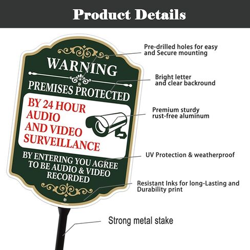 Premises Protected by 24 Hour Audio and Video Surveillance Sign with Stake, Aluminum Metal Surveillance Sign With 35" Total Length Durble Stake, Heavy Duty Weather Resistance in Kuwait