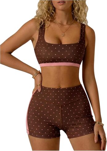 Milumia المرأة منقطة تجريب مجموعة 2 قطعة اللون كتلة الصدرية تانك عالية الخصر السائق السراويل مطابقة الزي اليوغا الشوكولاته البني الصغيرة in Kuwait