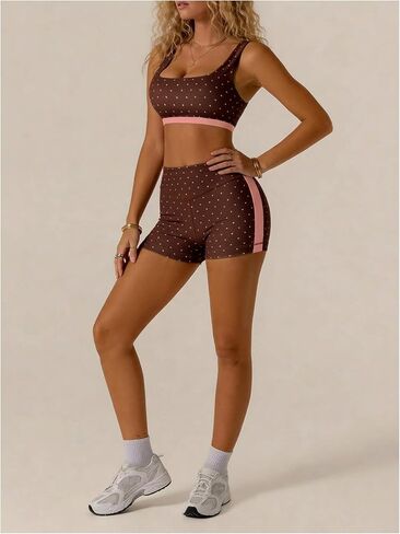 Milumia المرأة منقطة تجريب مجموعة 2 قطعة اللون كتلة الصدرية تانك عالية الخصر السائق السراويل مطابقة الزي اليوغا الشوكولاته البني الصغيرة in Kuwait