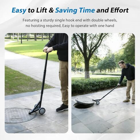 Heavy Duty Manhole Cover Hook with Double Wheels, Multipurpose Lifting and Pulling Tool for Manhole Covers/Septic Tanks/Sewer Lids/Storm Drains in Kuwait
