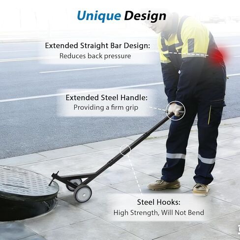 Heavy Duty Manhole Cover Hook with Double Wheels, Multipurpose Lifting and Pulling Tool for Manhole Covers/Septic Tanks/Sewer Lids/Storm Drains in Kuwait