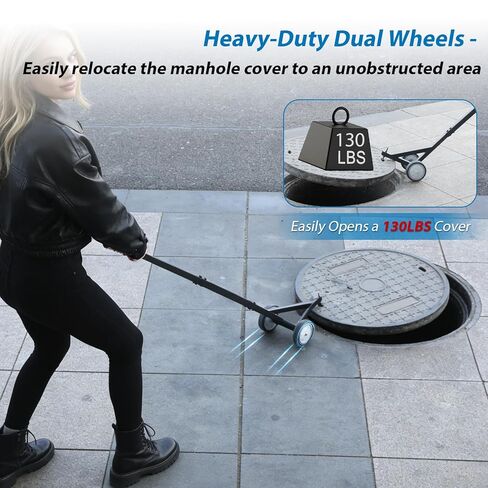 Heavy Duty Manhole Cover Hook with Double Wheels, Multipurpose Lifting and Pulling Tool for Manhole Covers/Septic Tanks/Sewer Lids/Storm Drains in Kuwait