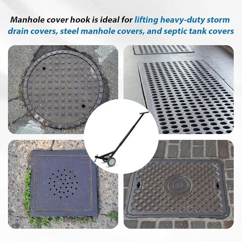 Heavy Duty Manhole Cover Hook with Double Wheels, Multipurpose Lifting and Pulling Tool for Manhole Covers/Septic Tanks/Sewer Lids/Storm Drains in Kuwait