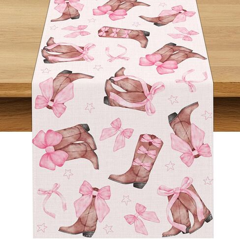 Coquette Bow Cowgirl Table Runner Western Wild West Pink Bowknot Boots Birthday Party Decoration Baby Shower Dining Room Home Kitchen Table Decor (13" x 72") in Saudi Arabia