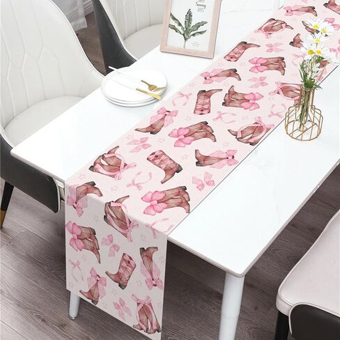 Coquette Bow Cowgirl Table Runner Western Wild West Pink Bowknot Boots Birthday Party Decoration Baby Shower Dining Room Home Kitchen Table Decor (13" x 72") in Saudi Arabia