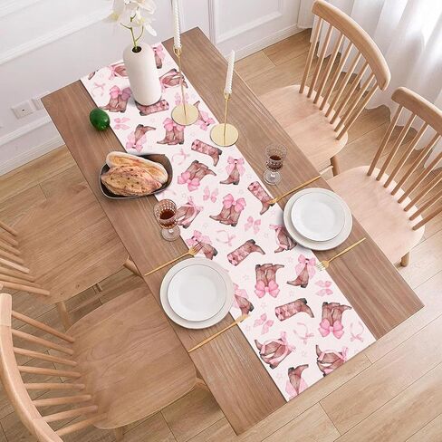 Coquette Bow Cowgirl Table Runner Western Wild West Pink Bowknot Boots Birthday Party Decoration Baby Shower Dining Room Home Kitchen Table Decor (13" x 72") in Saudi Arabia
