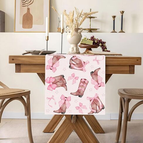 Coquette Bow Cowgirl Table Runner Western Wild West Pink Bowknot Boots Birthday Party Decoration Baby Shower Dining Room Home Kitchen Table Decor (13" x 72") in Saudi Arabia