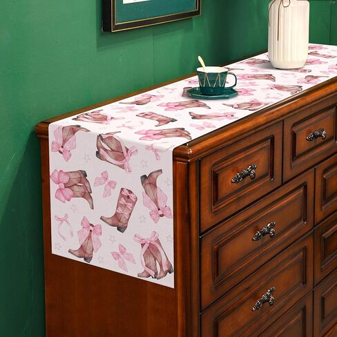 Coquette Bow Cowgirl Table Runner Western Wild West Pink Bowknot Boots Birthday Party Decoration Baby Shower Dining Room Home Kitchen Table Decor (13" x 72") in Saudi Arabia