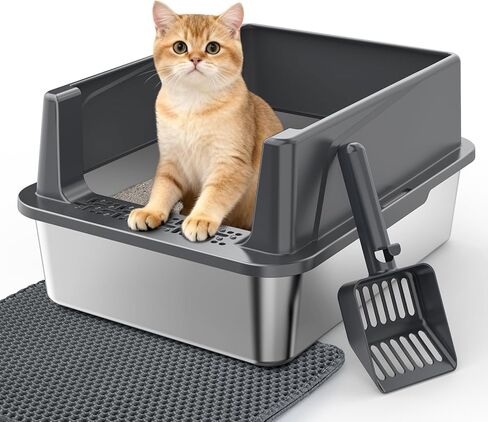 Stainless Steel Litter Box, Extra Large Litter Boxes for Big Cats, XLarge Metal Cat Litter Box with Lid, Anti-Urine Leakage XL Box with High Sides, Easy Clean, Non-Sticky, Scoop Included in Saudi Arabia