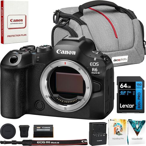 كاميرا Canon EOS R6 Mark III بدون مرآة مع RF24-105mm F4-7.1 هي حزمة عدسة STM 7084C018 مع بطاقة Lexar سعة 64 جيجابايت SDXC وحقيبة كاميرا Deco Essentials ومجموعة Corel Photo Video in Saudi Arabia