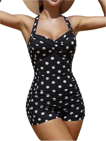 SweatyRocks Women's One Piece Swimsuits Polka Dots Halter V Neck Ruched Bathing Suits Beachwear in Saudi Arabia