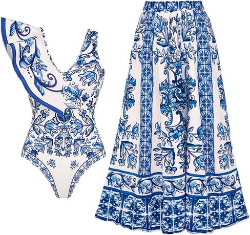 FLAXMAKER Women's Ruffle V Neck Blue and White Porcelain Majolica Pattern Print One Piece Swimsuit and Skirt or Sarong in Saudi Arabia