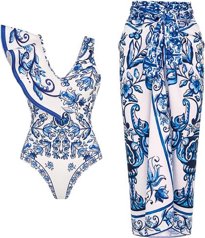 FLAXMAKER Women's Ruffle V Neck Blue and White Porcelain Majolica Pattern Print One Piece Swimsuit and Skirt or Sarong in Saudi Arabia