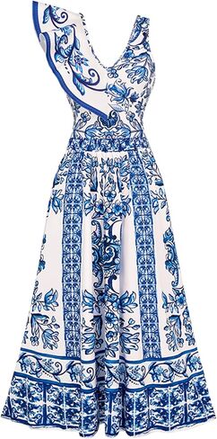 FLAXMAKER Women's Ruffle V Neck Blue and White Porcelain Majolica Pattern Print One Piece Swimsuit and Skirt or Sarong in Saudi Arabia