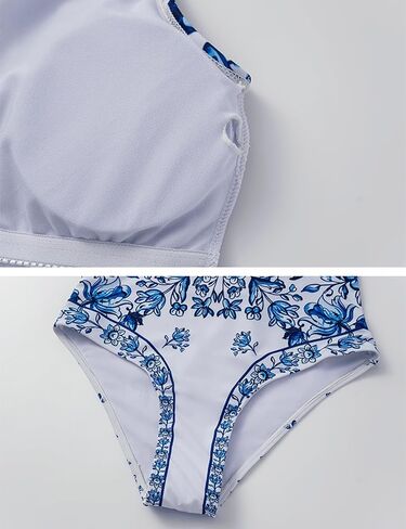 FLAXMAKER Women's Ruffle V Neck Blue and White Porcelain Majolica Pattern Print One Piece Swimsuit and Skirt or Sarong in Saudi Arabia