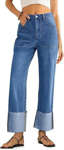 KKSONG Womens High Waisted Baggy Cuffed Jeans Wide Straight Leg Boyfriend Denim Pants with Deep Pockets in Saudi Arabia
