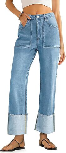 KKSONG Womens High Waisted Baggy Cuffed Jeans Wide Straight Leg Boyfriend Denim Pants with Deep Pockets in Saudi Arabia