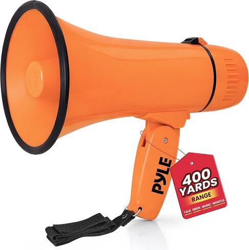 Pyle 20W Megaphone Bullhorn - Portable, Automatic Siren & Adjustable Volume,Projection Range Up to 400 Square Yards, Aux Input, Talk, Siren, Music, Whistle, & Record, Shoulder Strap (White-Blue) in Saudi Arabia