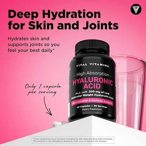 Vital Vitamins Hyaluronic Acid Supplements - Made with 200mg of Low Molecular Weight Hyaluronic Acid - Supports Skin Hydration & Elasticity from Within - 60 Capsules, 60 Servings in Kuwait