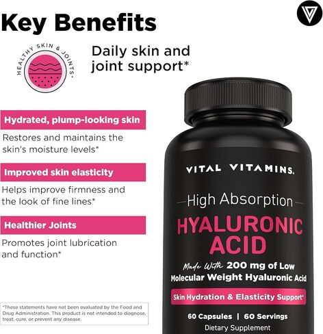 Vital Vitamins Hyaluronic Acid Supplements - Made with 200mg of Low Molecular Weight Hyaluronic Acid - Supports Skin Hydration & Elasticity from Within - 60 Capsules, 60 Servings in Kuwait