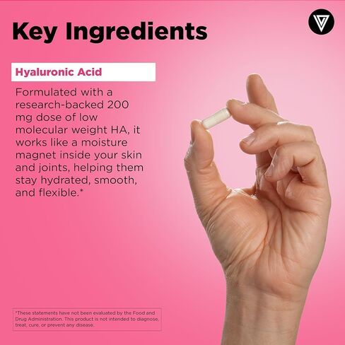 Vital Vitamins Hyaluronic Acid Supplements - Made with 200mg of Low Molecular Weight Hyaluronic Acid - Supports Skin Hydration & Elasticity from Within - 60 Capsules, 60 Servings in Kuwait