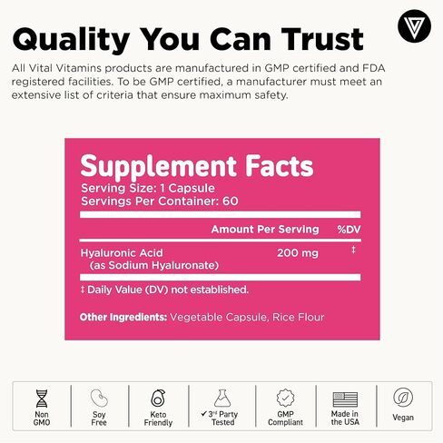 Vital Vitamins Hyaluronic Acid Supplements - Made with 200mg of Low Molecular Weight Hyaluronic Acid - Supports Skin Hydration & Elasticity from Within - 60 Capsules, 60 Servings in Kuwait