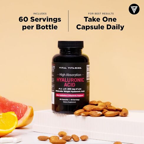 Vital Vitamins Hyaluronic Acid Supplements - Made with 200mg of Low Molecular Weight Hyaluronic Acid - Supports Skin Hydration & Elasticity from Within - 60 Capsules, 60 Servings in Kuwait