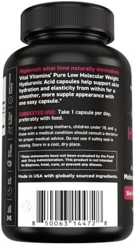 Vital Vitamins Hyaluronic Acid Supplements - Made with 200mg of Low Molecular Weight Hyaluronic Acid - Supports Skin Hydration & Elasticity from Within - 60 Capsules, 60 Servings in Kuwait