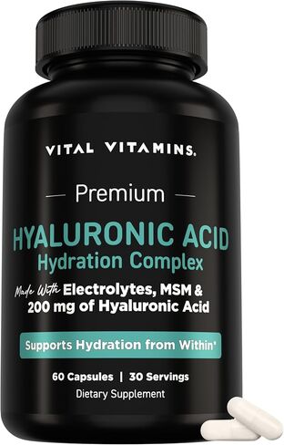 Vital Vitamins Hyaluronic Acid Supplements - Made with 200mg of Low Molecular Weight Hyaluronic Acid - Supports Skin Hydration & Elasticity from Within - 60 Capsules, 60 Servings in Kuwait