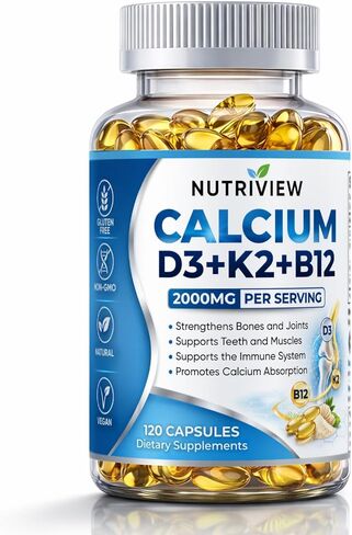 Nutriview Calcium D3 + K2 + B12 Softgels, 2000mg Suplemento De Calcio, Glucosamina + Condroitin Added, Strengthen Bones and Teeth, Boost Energy, Vegen, Non-GMO, 120 Capsules (1) in Saudi Arabia