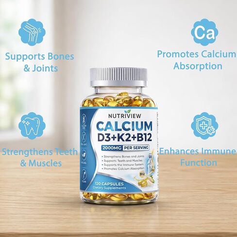 Nutriview Calcium D3 + K2 + B12 Softgels, 2000mg Suplemento De Calcio, Glucosamina + Condroitin Added, Strengthen Bones and Teeth, Boost Energy, Vegen, Non-GMO, 120 Capsules (1) in Saudi Arabia
