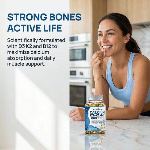 Nutriview Calcium D3 + K2 + B12 Softgels, 2000mg Suplemento De Calcio, Glucosamina + Condroitin Added, Strengthen Bones and Teeth, Boost Energy, Vegen, Non-GMO, 120 Capsules (1) in Saudi Arabia