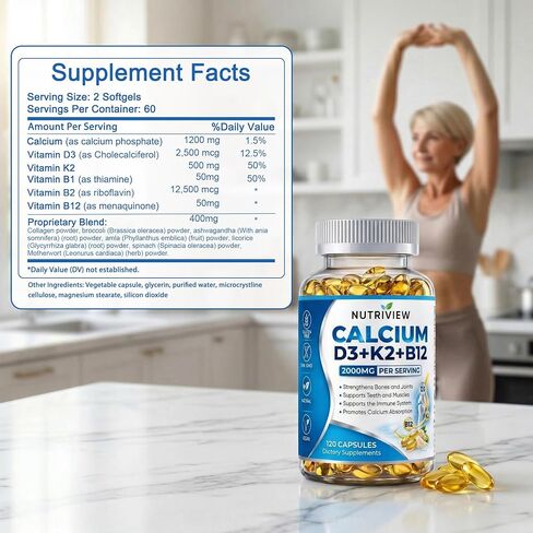 Nutriview Calcium D3 + K2 + B12 Softgels, 2000mg Suplemento De Calcio, Glucosamina + Condroitin Added, Strengthen Bones and Teeth, Boost Energy, Vegen, Non-GMO, 120 Capsules (1) in Saudi Arabia