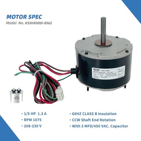K55HXHDD-8562 محرك مروحة مكثف 1/5 حصان يستبدل شركة Emerson US Motors K55HXPSS-7298 K55HXRKR-5599 K55HXAJM-4103 5KCP39EGUA11BS، 1075 دورة في الدقيقة، 230 فولت، 1.3 أمبير 48 إطار مع مكثف 3 μF in Kuwait