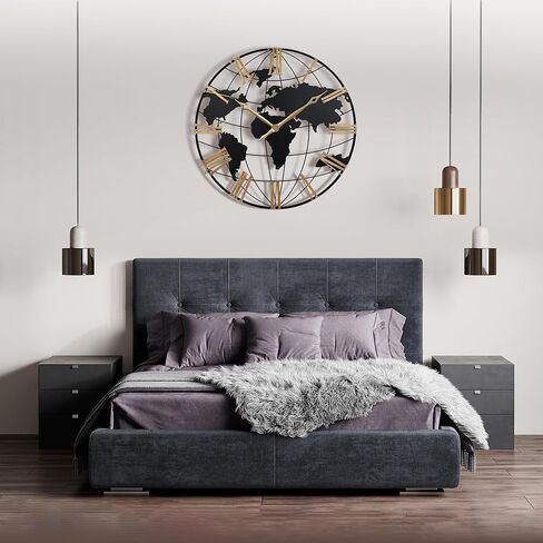 Lafocuse 23 بوصة كبيرة سوداء خريطة العالم ساعة حائط معدنية، ساعات حائط حديثة صامتة غير موقوتة لديكور غرفة المعيشة، ساعات كبيرة الحجم مع أرقام عربية ذهبية عتيقة لغرفة النوم والمنزل والمطبخ والمكتب in Saudi Arabia