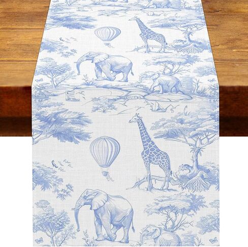 الأزرق Chinoiserie سفاري الحيوانات الجدول عداء خمر Toile de Jouy الغابة موضوع عيد ميلاد حزب الديكور الطفل دش المنزل مطبخ غرفة الطعام ديكور الجدول (الأزرق، 13 "× 72") in Kuwait