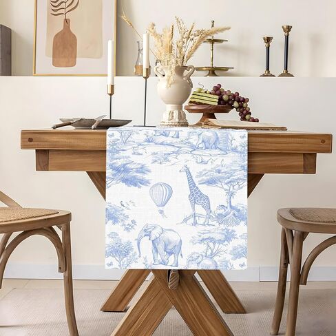 الأزرق Chinoiserie سفاري الحيوانات الجدول عداء خمر Toile de Jouy الغابة موضوع عيد ميلاد حزب الديكور الطفل دش المنزل مطبخ غرفة الطعام ديكور الجدول (الأزرق، 13 "× 72") in Kuwait