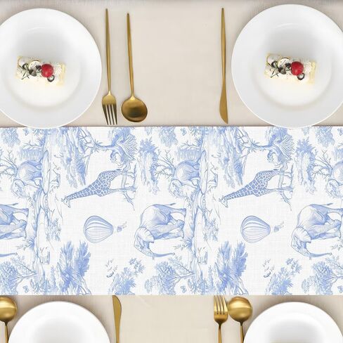 الأزرق Chinoiserie سفاري الحيوانات الجدول عداء خمر Toile de Jouy الغابة موضوع عيد ميلاد حزب الديكور الطفل دش المنزل مطبخ غرفة الطعام ديكور الجدول (الأزرق، 13 "× 72") in Kuwait