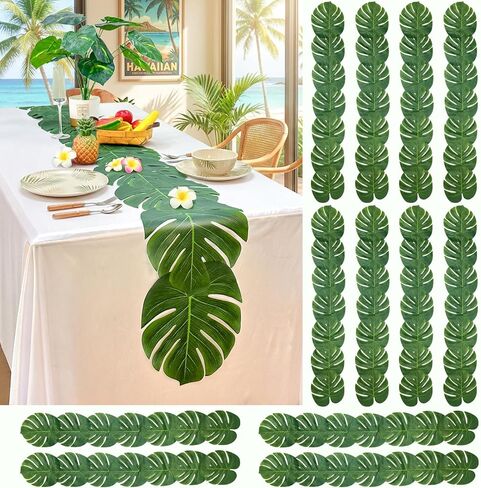 AerWo 12Pcs Palm Leaves Green Table Runner, Artificial Leaves Summer Tropical Leaf Table Runners 72 inches Long for Wedding Moana Jungle Safari Tropical Luau Hawaiian Party Decorations in Saudi Arabia