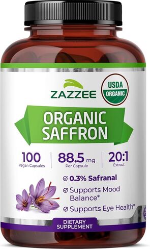 Zazzee USDA Organic Saffron 20:1 Extract, 88.5 mg, 0.3% Safranal, 100 Vegan Capsules, 3+ Month Supply, Concentrated and Standardized 20X Extract, Non-GMO, All-Natural, Made in the USA in Saudi Arabia