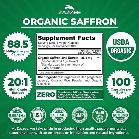Zazzee USDA Organic Saffron 20:1 Extract, 88.5 mg, 0.3% Safranal, 100 Vegan Capsules, 3+ Month Supply, Concentrated and Standardized 20X Extract, Non-GMO, All-Natural, Made in the USA in Saudi Arabia